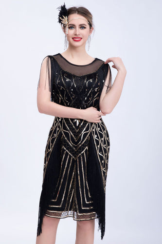 Black Glitter Sequins 1920s Flapper Dress with Fringes
