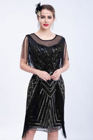 Load image into Gallery viewer, Black Glitter Sequins 1920s Flapper Dress with Fringes
