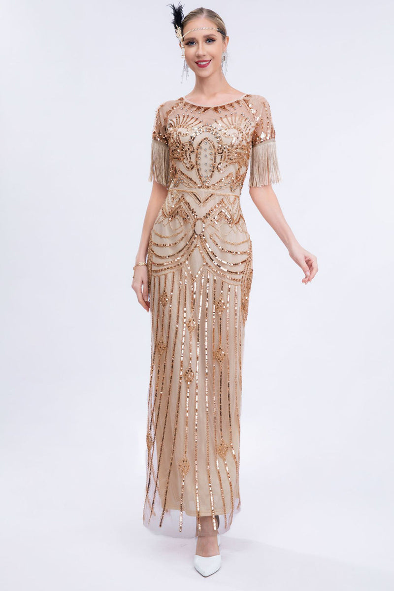 Load image into Gallery viewer, Goden Sheath Long 1920s Dress with Fringes