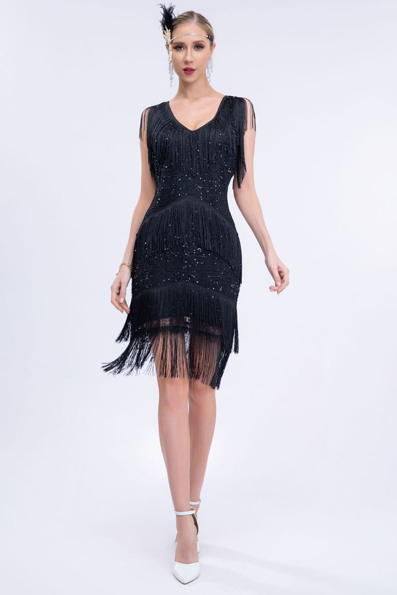 Load image into Gallery viewer, 1920s Flapper Dress Black Fringes 1920s Dress with Sleeveless