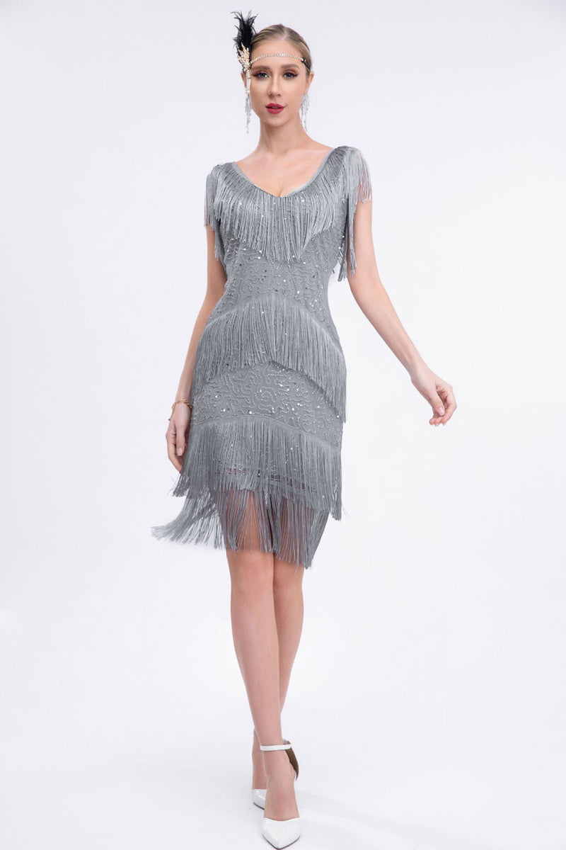 Load image into Gallery viewer, 1920s Flapper Dress Black Fringes 1920s Dress with Sleeveless