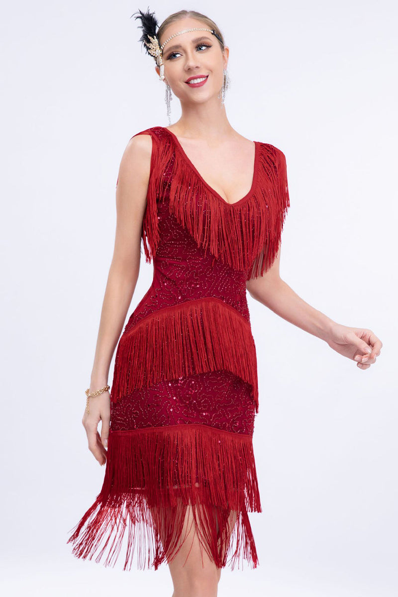 Load image into Gallery viewer, 1920s Flapper Dress Black Fringes 1920s Dress with Sleeveless