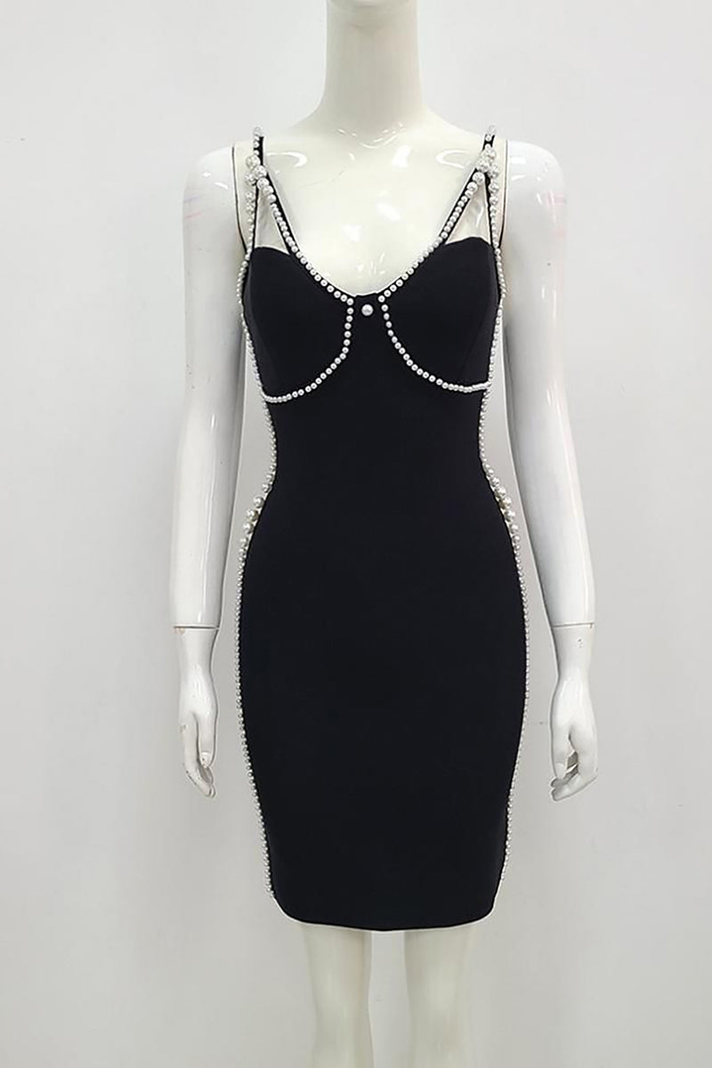 Load image into Gallery viewer, Black Spaghetti Straps Short Cocktail Dress With Pearls
