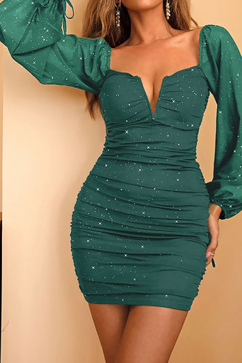 Army Green Long Sleeves Sweetheart Short Cocktail Dress