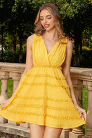 Load image into Gallery viewer, Yellow V-Neck Tiered Short Cocktail Dress