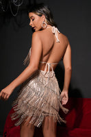 Load image into Gallery viewer, Sparkly Black Tight Sequins Halter Backless Short Homecoming Dress with Fringes