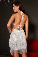 Load image into Gallery viewer, Sparkly Black Tight Sequins Halter Backless Short Homecoming Dress with Fringes