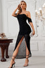 Load image into Gallery viewer, Black Off the Shoulder Party Dress With Slit