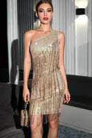 Load image into Gallery viewer, One Shoulder Champagne Homecoming Dress with Fringes