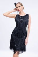 Load image into Gallery viewer, Black Sequins Gatsby Fringed Flapper Dress