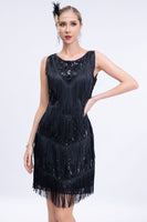 Load image into Gallery viewer, Black Sequins Gatsby Fringed Flapper Dress