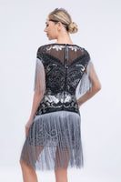 Load image into Gallery viewer, Black Grey Sequins Roaring 20s Gatsby Fringed Flapper Dress