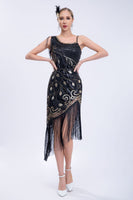 Load image into Gallery viewer, Black Beaded Roaring 20s Gatsby Fringed Flapper Dress