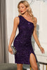 Load image into Gallery viewer, One Shoulder Dark Purple Sparkly Sequin Cocktail Dress
