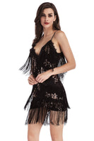Load image into Gallery viewer, Black Sequin Spaghetti Straps Short Cocktail Dress With Fringes