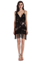 Load image into Gallery viewer, Black Sequin Spaghetti Straps Short Cocktail Dress With Fringes