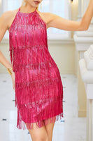 Load image into Gallery viewer, Halter Fuchsia Sparkly Backless Short Cocktail Dress With Fringes