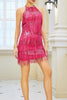 Load image into Gallery viewer, Halter Fuchsia Sparkly Backless Short Cocktail Dress With Fringes