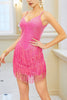 Load image into Gallery viewer, Sparkly Sequin Fuchsia Spaghetti Straps Short Cocktail Dress With Fringes