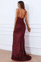 Load image into Gallery viewer, Mermaid Burgundy Sequins Prom Dress with Slit