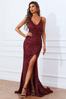Load image into Gallery viewer, Mermaid Burgundy Sequins Prom Dress with Slit