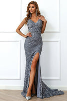 Load image into Gallery viewer, Mermaid Burgundy Sequins Prom Dress with Slit