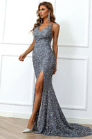 Load image into Gallery viewer, Mermaid Burgundy Sequins Prom Dress with Slit