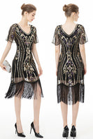 Load image into Gallery viewer, Black Fringes Sparkly 1920s Dress with Short Sleeves