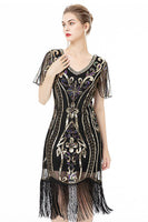 Load image into Gallery viewer, Black Fringes Sparkly 1920s Dress with Short Sleeves