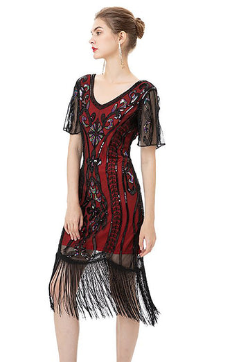 Black Fringes Sparkly 1920s Dress with Short Sleeves