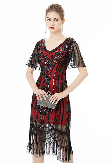 Black Fringes Sparkly 1920s Dress with Short Sleeves