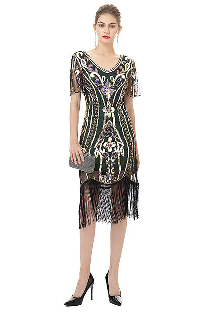 Load image into Gallery viewer, Black Fringes Sparkly 1920s Dress with Short Sleeves
