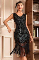 Load image into Gallery viewer, Black Golden Braided Sequin Fringed 1920s Flapper Dress