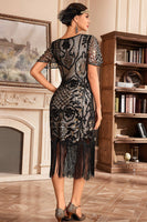 Load image into Gallery viewer, Dark Green V Neck Fringe 1920s Gatsby Dress With Sequins