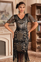 Load image into Gallery viewer, Dark Green V Neck Fringe 1920s Gatsby Dress With Sequins