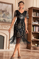 Load image into Gallery viewer, Black Champagne 1920s Flapper Dress Fringed V-Neck Sequins Great Gatsby Dress Party Evening Gown 