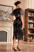Load image into Gallery viewer, Sparkly Black Champagne Fringed V-Neck 1920s Flapper Dress With Sequin