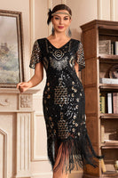 Load image into Gallery viewer, Sparkly Black Champagne Fringed V-Neck 1920s Flapper Dress With Sequin