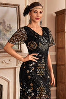 Load image into Gallery viewer, Sparkly Black Champagne Fringed V-Neck 1920s Flapper Dress With Sequin