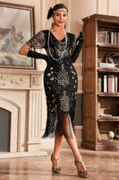 Load image into Gallery viewer, Sparkly Black Champagne Fringed V-Neck 1920s Flapper Dress With Sequin