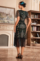 Load image into Gallery viewer, Sparkly Black Champagne Fringed V-Neck 1920s Flapper Dress With Sequin