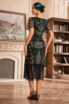 Dark Green V Neck Fringe 1920s Gatsby Dress With Sequins