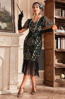 Load image into Gallery viewer, Dark Green V Neck Fringe 1920s Gatsby Dress With Sequins