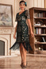 Load image into Gallery viewer, Black Golden V Neck Fringe 1920s Gatsby Dress With Sequins