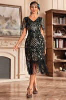 Load image into Gallery viewer, Sparkly Black Champagne Fringed V-Neck 1920s Flapper Dress With Sequin