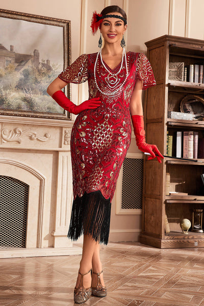 Red V Neck Fringe 1920s Gatsby Dress With Sequins