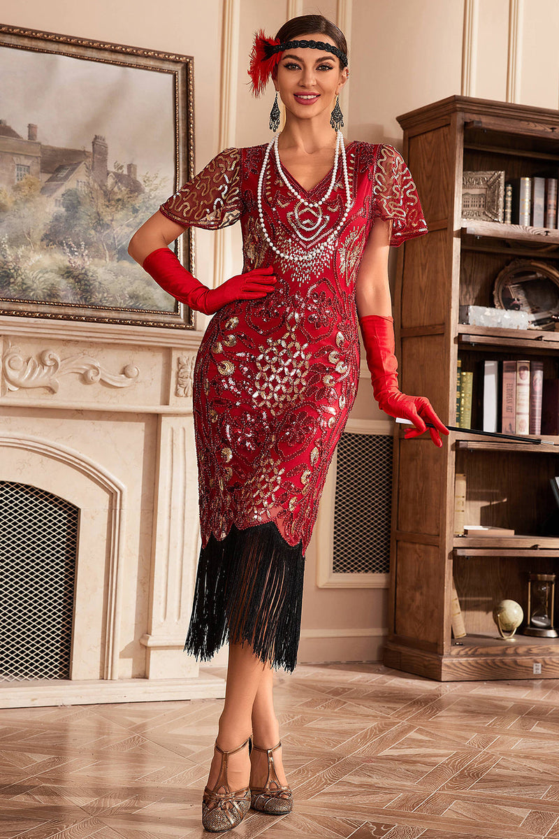 Queendancer Women Red 1920s Dress V Neck Sequins Fringe Gatsby Dress Party Evening Gown – queendancer