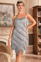 Load image into Gallery viewer, Grey Spaghetti Straps Fringed Roaring 20s Great Gatsby Dress