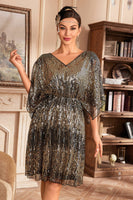 Load image into Gallery viewer, Sparkly Golden V-Neck 1920s Dress with Sequins
