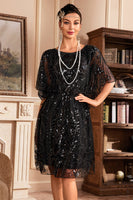 Load image into Gallery viewer, Batwing Sleeves Black Sequins 1920s Dress